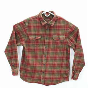 Vintage Orvis Shacket Men's Large Burgundy Green Heavy Flannel Button Down